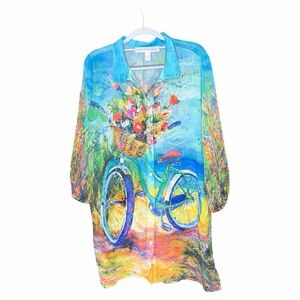 Leoma Lovegrove Colorful Bicycle Print Button-Up Shirt Turquoise & Multicolor